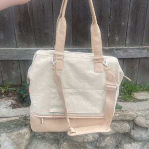 BEIS Cream Canvas Travel Tote with Tan Trim weekender bag